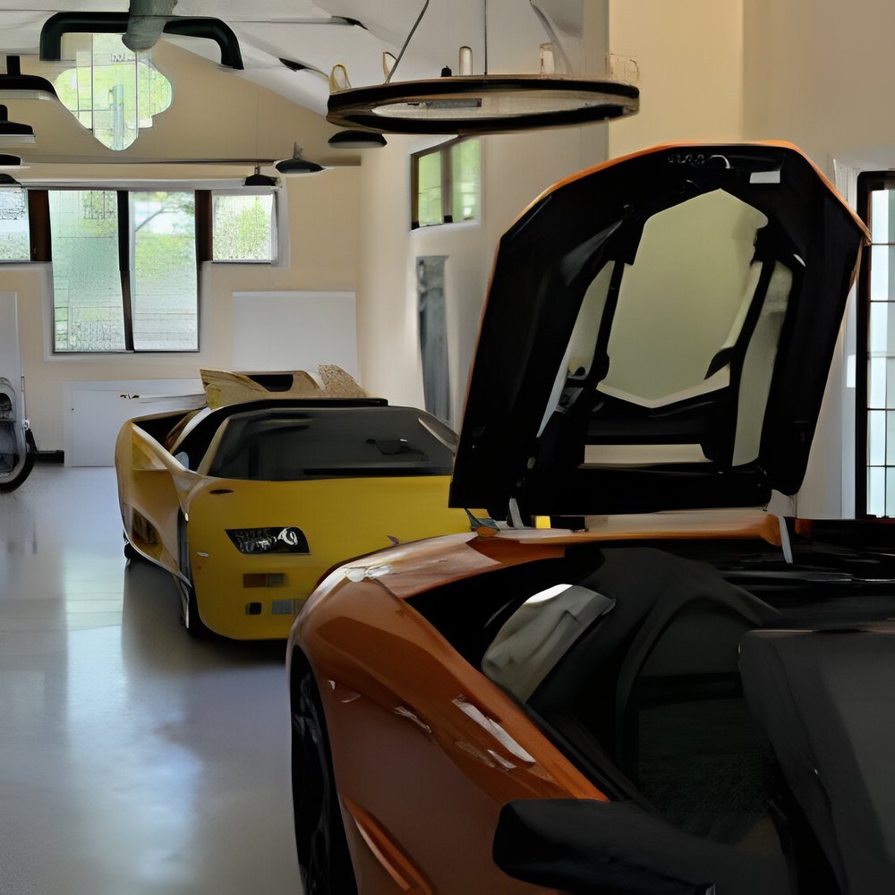 Yellow and orange exotics inside a client's garage