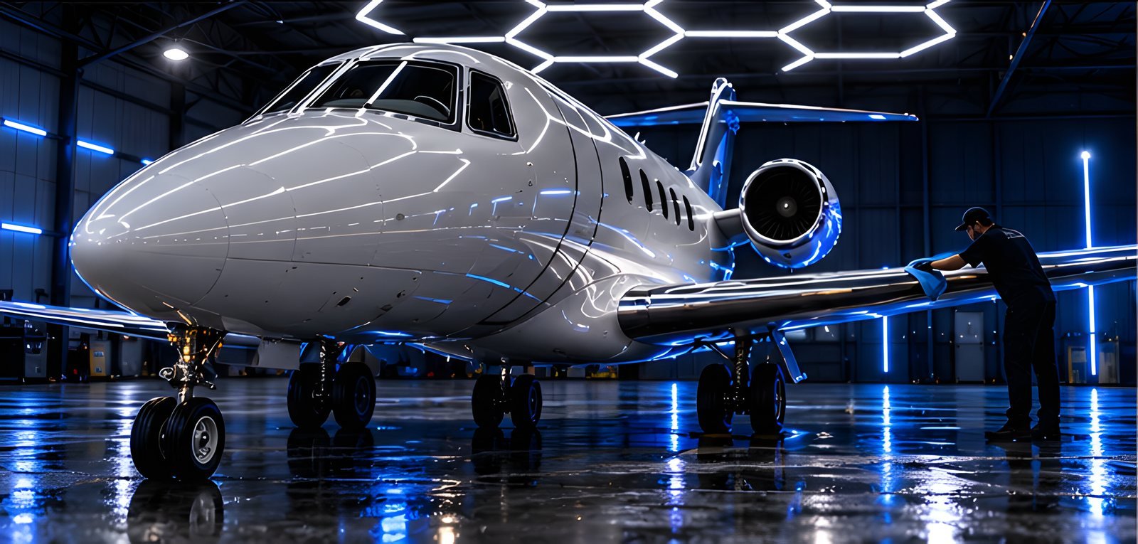 Detailer wiping the wing of a polished private jet in a hangar