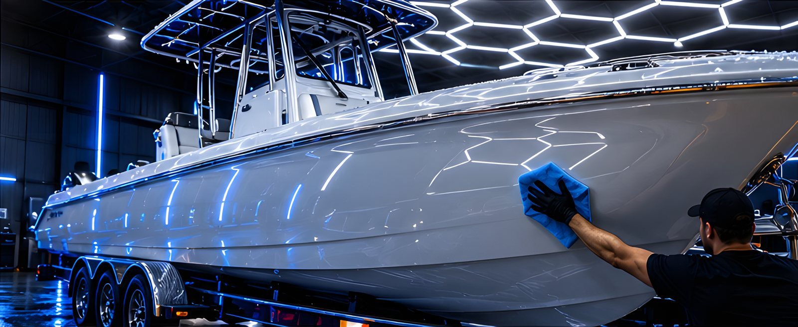 Detailer polishing the glossy white hull of a center console boat