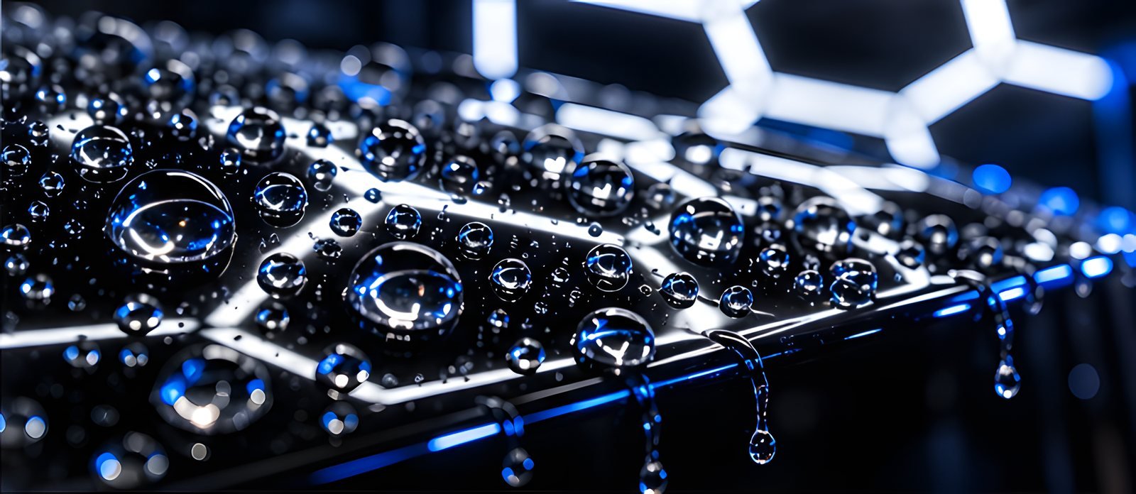 Water beading on a ceramic coated black panel under hexagon lights